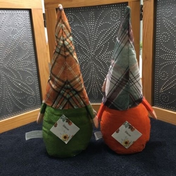 Thanksgiving Gnome Decoration Set 2 Fall Decor Harvest Orange Green Plaid Fabric - Picture 3 of 10